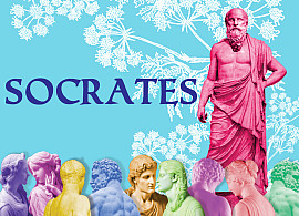 The name Socrates next to a hot pink statue of Socrates, with an image of hemlock behind him. Brightly-colored marble statues below.