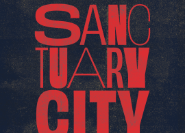 The words Sanctuary City in three rows, all in large red capital letters, each letter a different boldness and weight