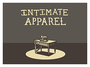 the title floats above a drawing of an old-fashioned sewing machine desk in a spotlight