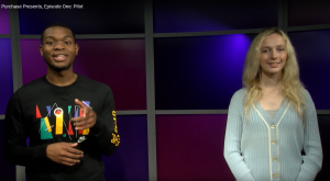 Screenshot of Purchase Presents hosts Yves Alphonse and Hayley Gunning