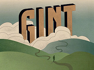 The word GINT in large block letters emerges from clouds. Below, on some hilltops with a path on them, a small figure walks