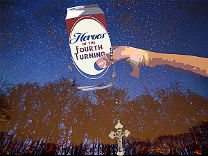 a hand holds a beer can and a rosary, imposed over a star-filled night sky over a field of trees.