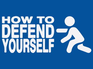 The words how to defend yourself in large white font on a black background. A white iconographic figure from a bathroom sign is crouched