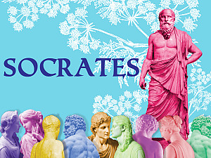 The name Socrates next to a hot pink statue of Socrates, with an image of hemlock behind him. Brightly-colored marble statues below.