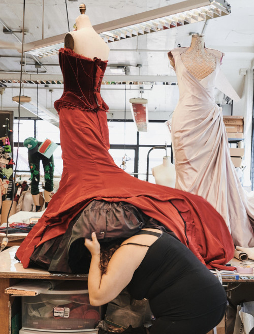 Cassidy Koppelman of the costume shop Parsons-Meares Ltd. working on dresses for the Broadway sho...