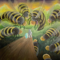 Sarah Shibah, Attack of the Murderous Hornets, 2020, Acrylic, spray paint on stretched canvas, 24 x 36