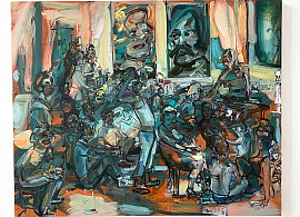 Who's Funnier - Rowlands or Gogol ?, 2022, 30 by 42 inches oil on canvas