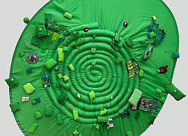 Grigrigreenscreen, 2025, Web around expandable screen, 2012 to 2024 gri gri, pearls, Kirby eyes, 55 x 55 in.
