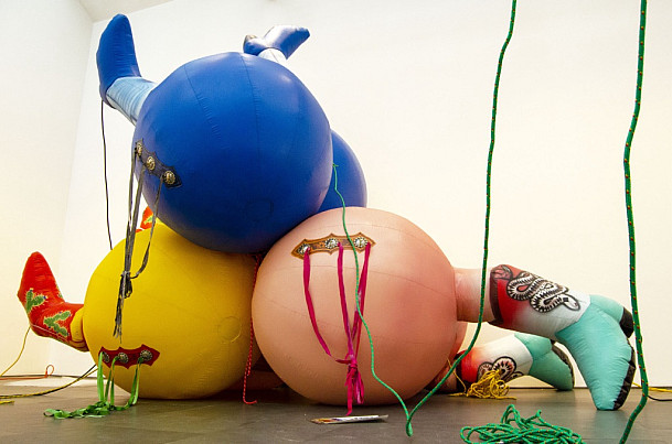 Nancy DavidsonDustdown, 2012, x 20 feet, x 16 feetVinyl coated nylon, rope, leather, blowers, sandbags, ...