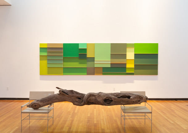 Install shot of SV Randall's exhibition: if the husk is habitable. Featuring green and waiting room