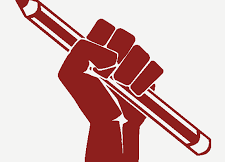 Red fist holding pencil