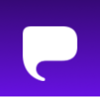 Purchase logo: White bubble on purple background