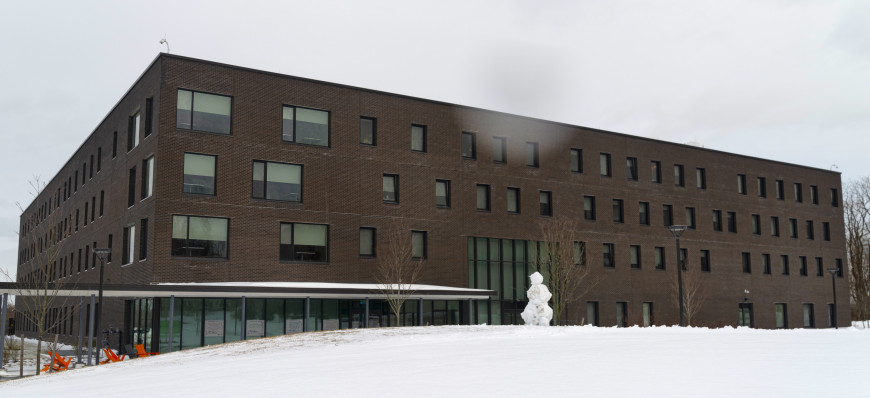 Wayback Residence Hall in the snow