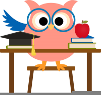 A picture of a cartoon owl wearing glasses at a desk with a graduation cap, books, and an apple.