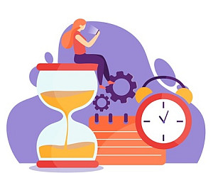 Woman sitting on an hourglass, managing a clock and a calendar