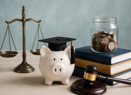 Piggy bank with graduation cap, scales of justice, jar of coins, books, and gavel. 