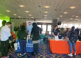 Students visiting employer tables at the Job & Internship Fair