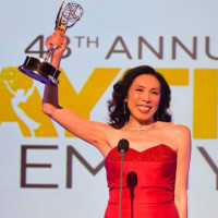 Jodi Long '76 Holds Up her Daytime Emmy® Award