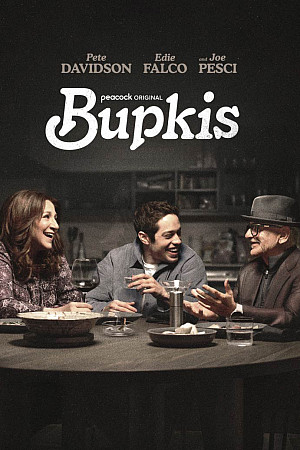 Edie Falco, Pete Davidson, and Joe Pesci sit at a table in scene from BUPKIS TV comedy