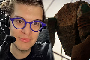 James Ortiz '10 with Project Hail Mary's Rocky puppet.