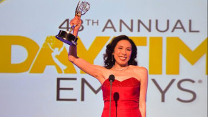 Jodi Long '76 Holds Up her Daytime Emmy® Award