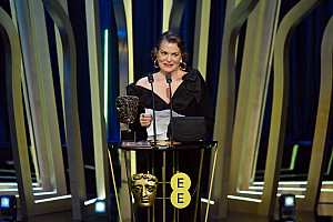Susan Shopmaker accepts the Casting Award for The Holdovers on stage during the EE BAFTA Film Awards 2024 at The Royal Festival Hall on F...