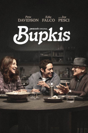 Edie Falco, Pete Davidson, and Joe Pesci sit at a table in scene from BUPKIS TV comedy