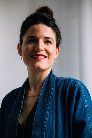 Sarah Hughes, Theatre Rows newly appointed Director of Artistic Programming, stands for a portrait in the Off-Broadway complex in the Man...