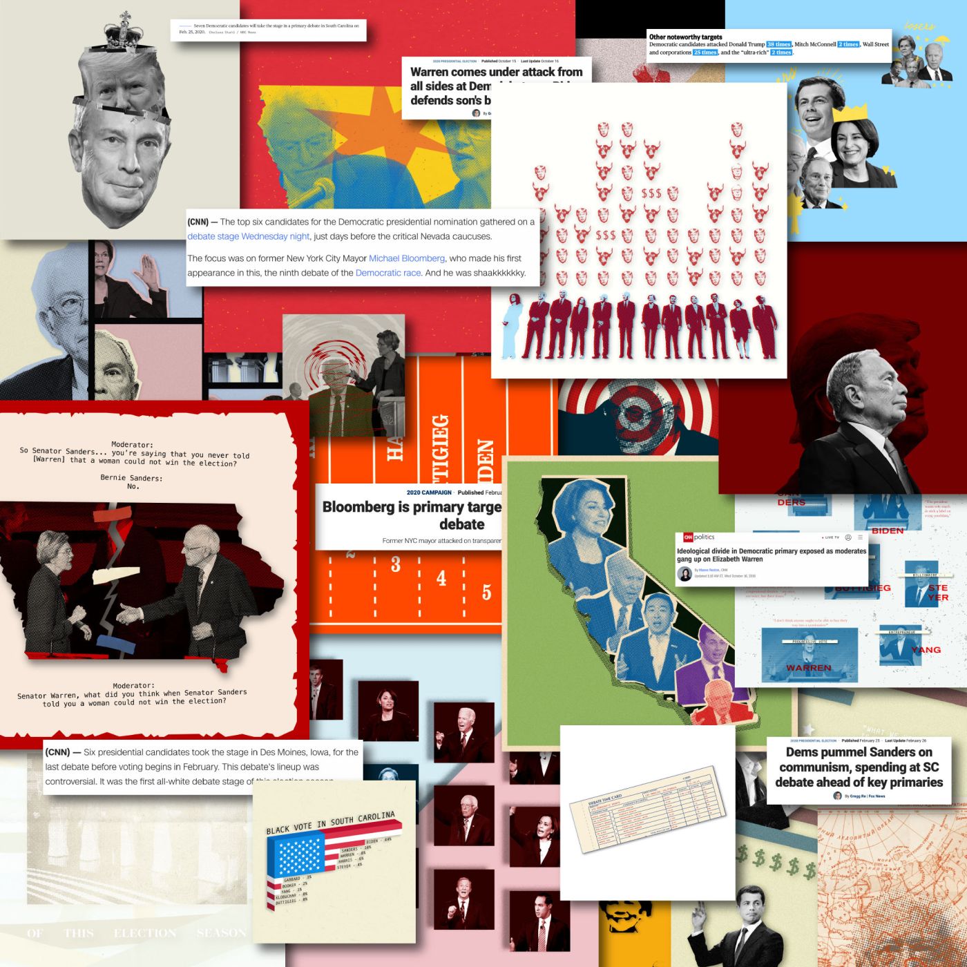 Melenie Warner, 2019-2020 Democratic Debates: Collage of Illustrations and Headlines, 2020 ©Melen...