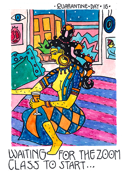 Day 16, figure drinking on bed