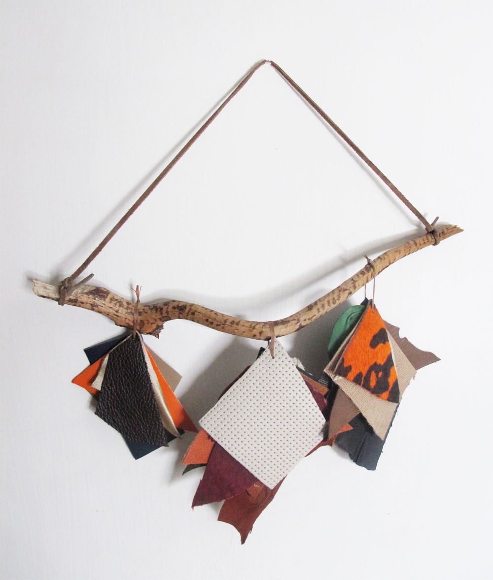 Maria Licciardi, Swatches, 2019-2020, Leather and sinew on branch, 17.5 x 17.5 ©Maria Licci...