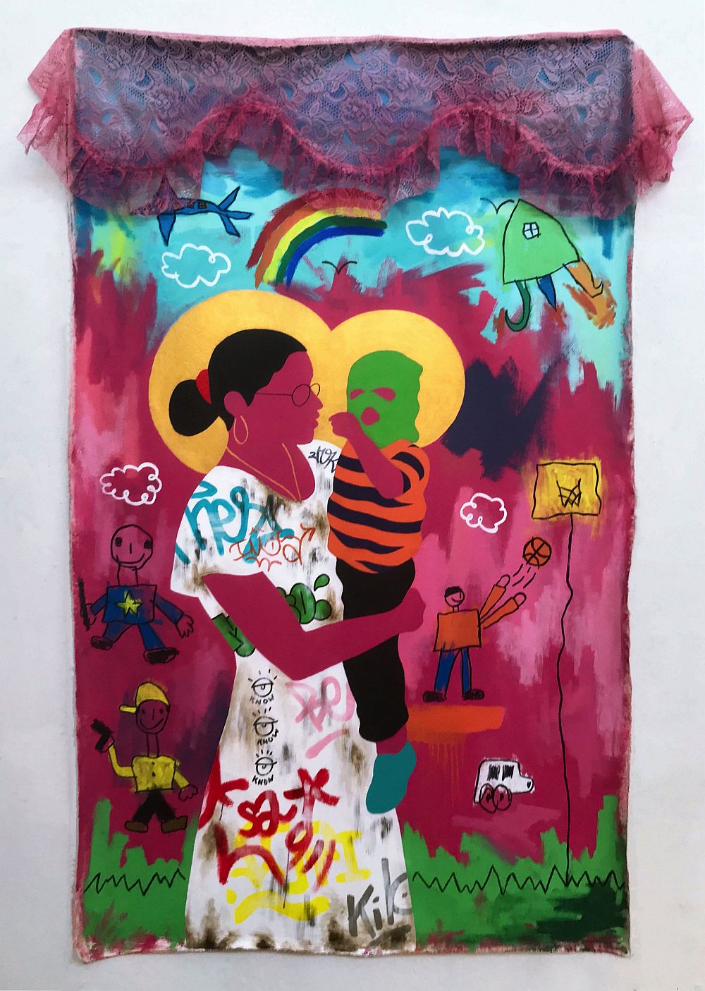 Untitled, 2019, acrylic, enamel, and fabricon canvas