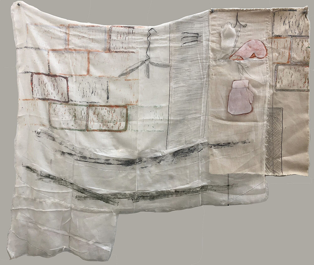 Eden Russo, Boxing Flag, 2020, Cheesecloth, ink, canvas, thread and acrylic, 28 x 36 ©Eden ...