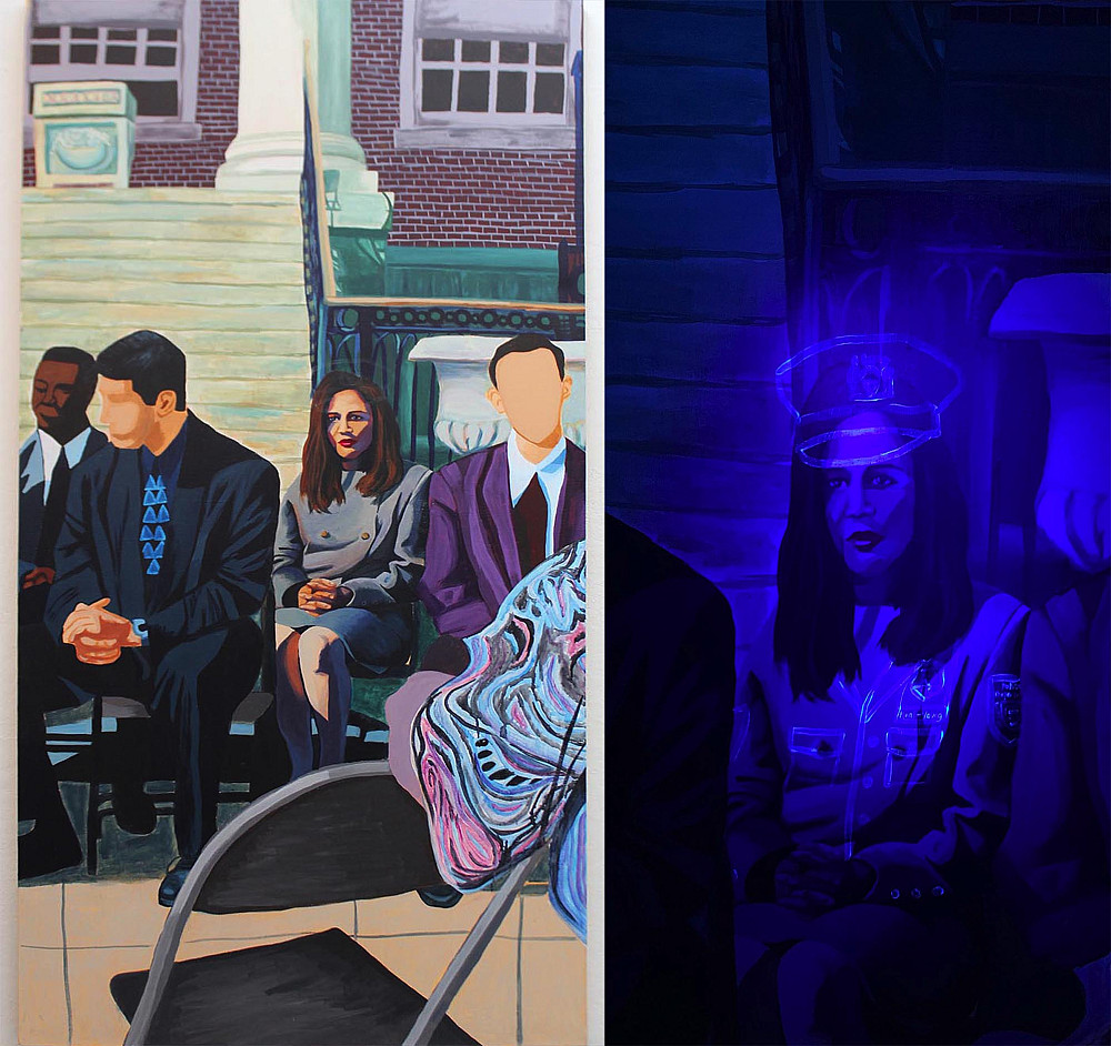 Inza Martinez, Swearing In, 2019, Acrylic, watercolor and UV paint on canvas, 80 x 30 