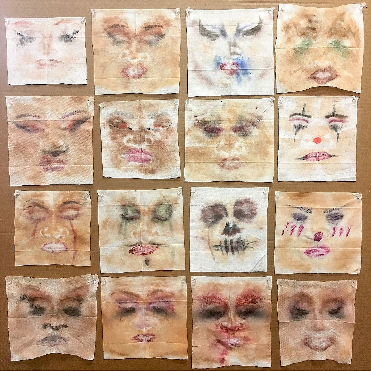 Rikki Hernandez, Drag Portrait Series, 2019-Present, Makeup on makeup wipes, 32 x 32 ©Rikki...