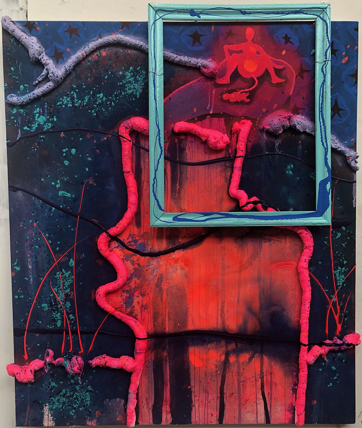 Stephanie Alifano, Framed Birth in Neon, Acrylic paint, spray paint, gap filler foam, picture frame, 3.5 x 3', 2021