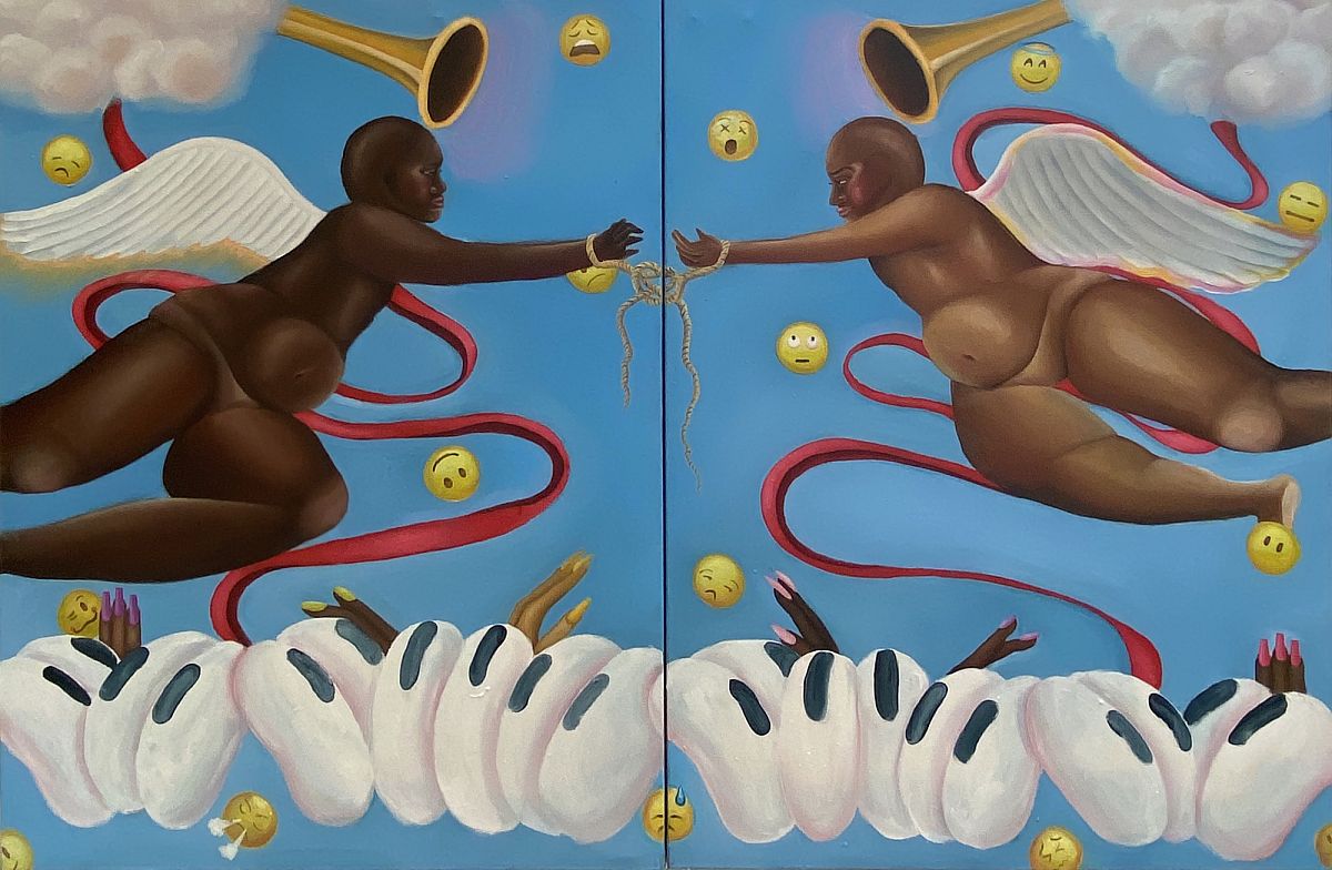 Madison Lewis, Bond (Godliness is a Forbidden Grail), Oil on canvas, 48 x 72, 2021