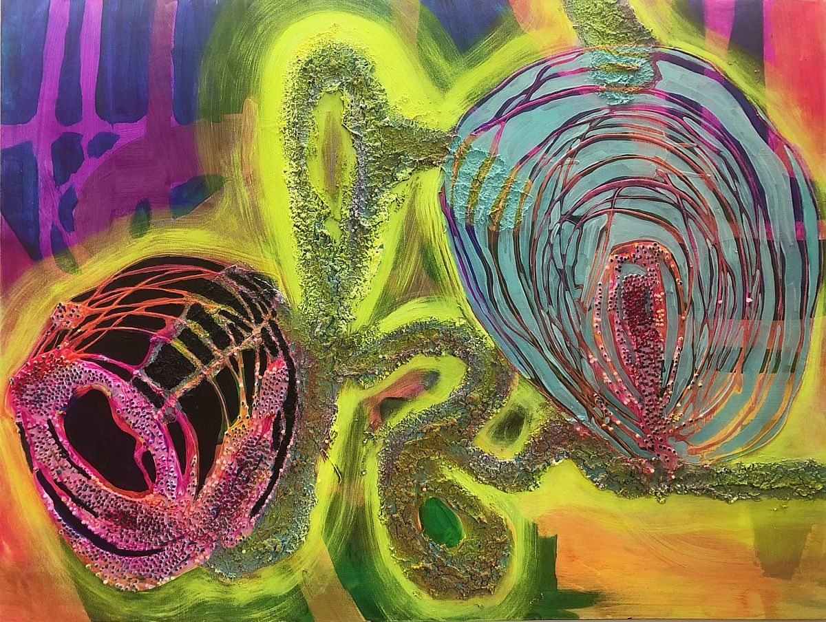 Stephanie Alifano, Untitled (Yellow Swirls) , Acrylic paint, dirt, pebbles, foam beads, 30 x 40, 2020