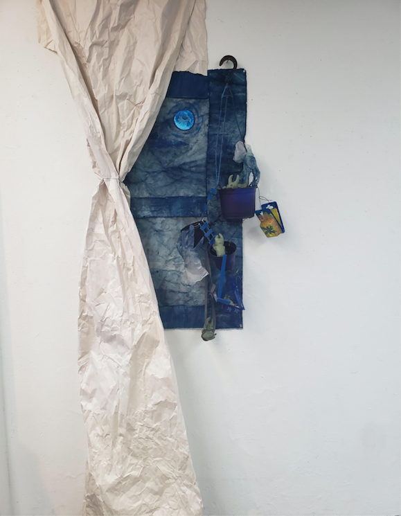 Kimberly Jimenez, Mis Demonios del Sueño (My sleeping demons), 2019, recycled material, canvas, oil clay, indigo dye and paper, 22 x 30 x 1