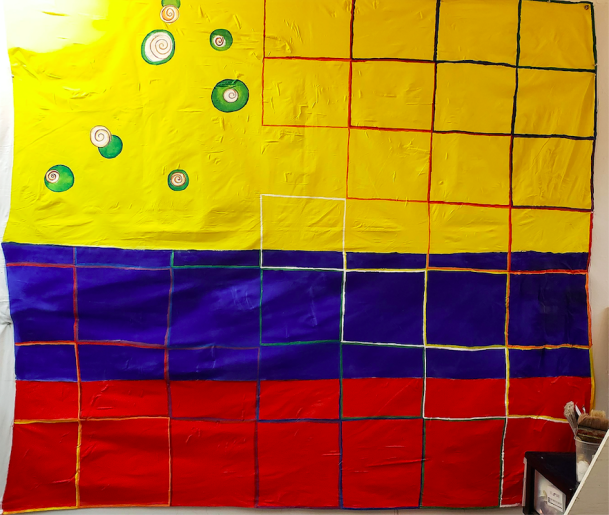 Kimberly Jimenez, My Flags #1, 2020, Bedsheet and Acrylic, 60 x 90