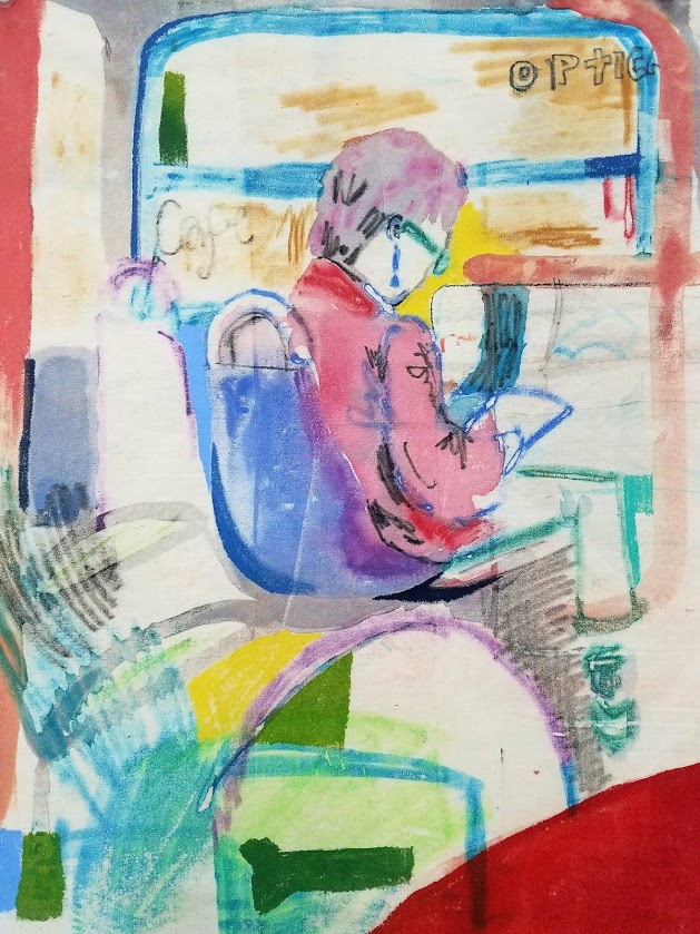 Woman in Red Jacket, 2019, Watercolor monotype with silkscreen, 12'x16'