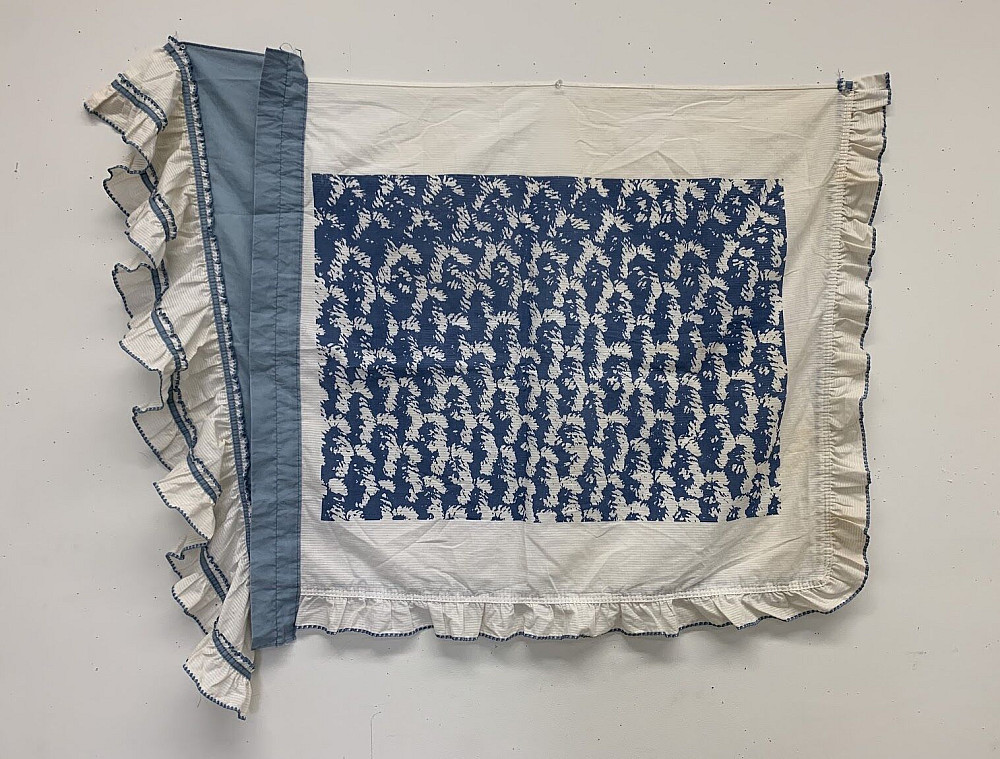 Sam Barron, Crocheted Curtain, 2020, Silkscreen on found fabric, 43 x 30 ©Sam Barron