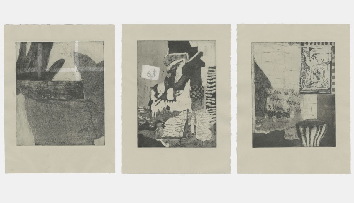 Elizabeth Kaiser, Untitled (triptych), 2019, Etching with chine colle, 11 x 15 each, edition of ...