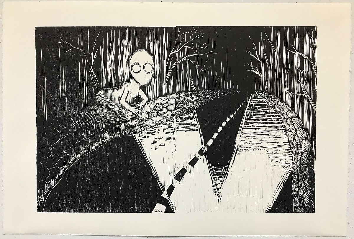 Sara Tomazzolli, Dover Demon, Woodcut, 15 x 22, 2020