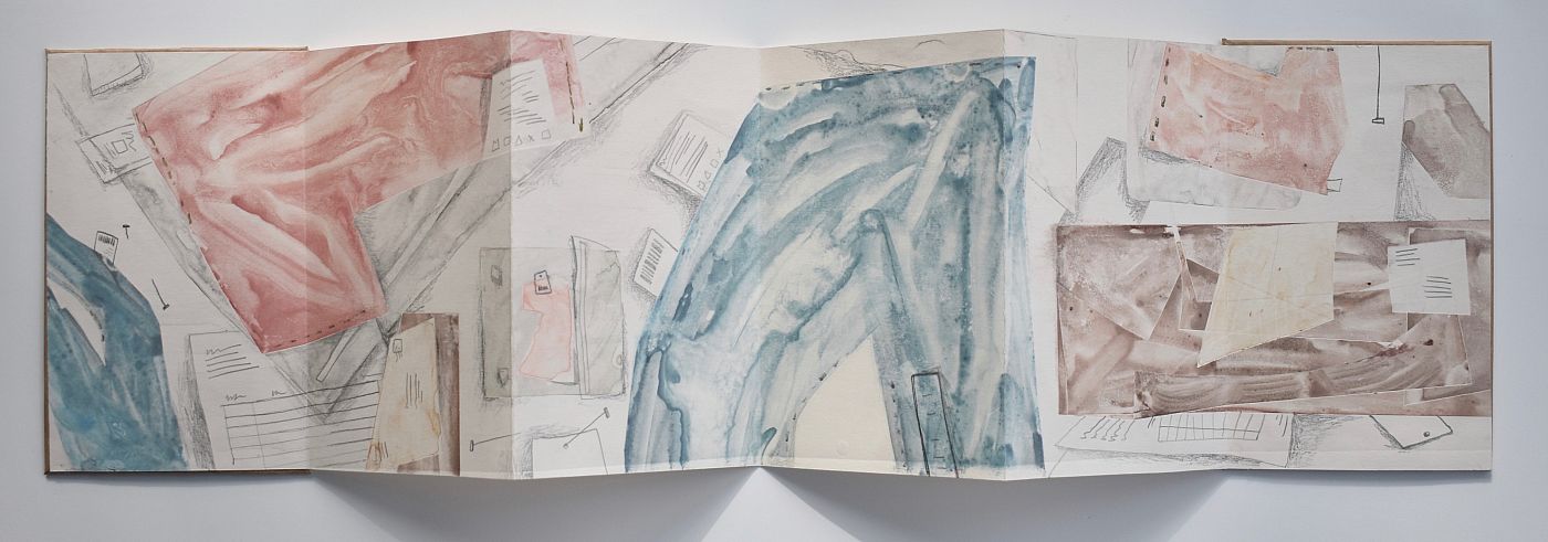 Buying Clothes from the Internet, accordion book made with watercolor monotype, graphite, and packing tape, 5 x 7.5, assembled 7.5 x 30, 2020