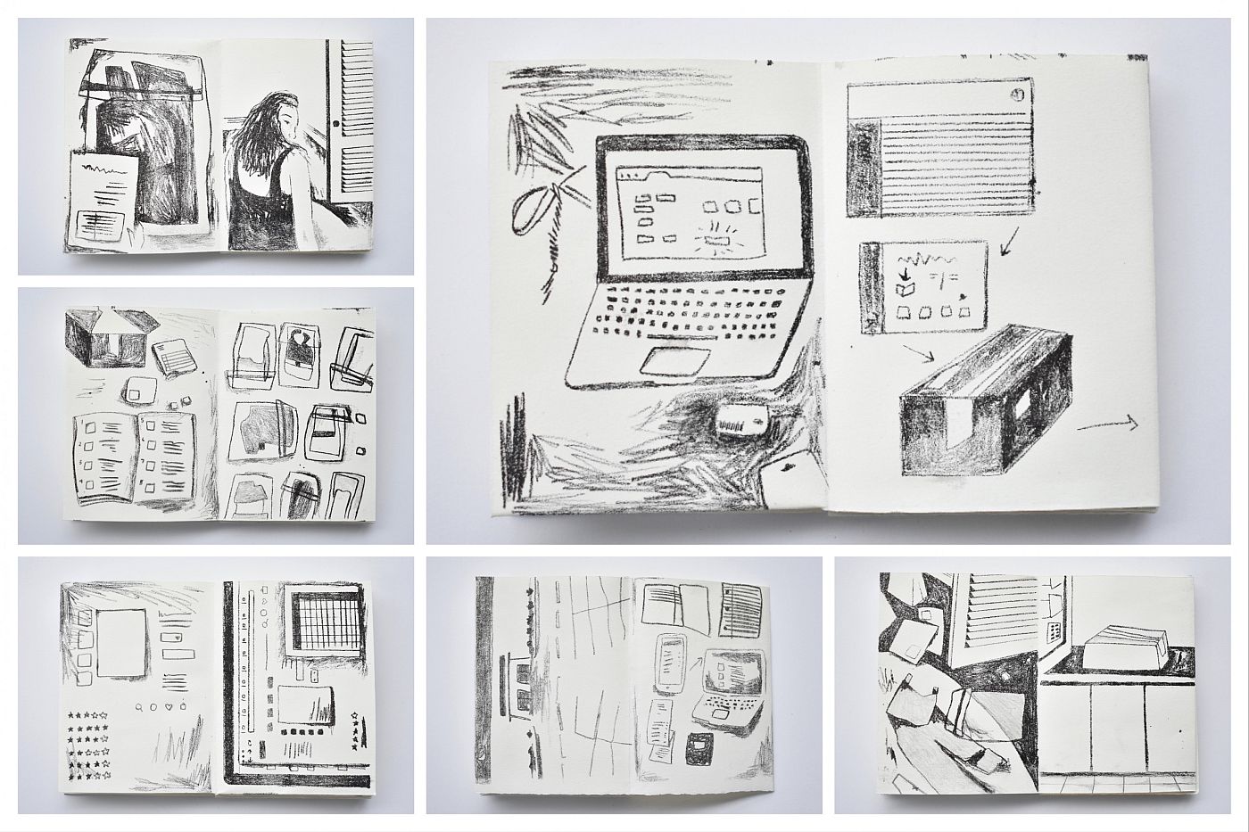 Trying on Clothes from the Internet, excerpts from 32 page lithograph accordion book on Rives lightweight cream paper, 4 x 6, assembled 1...