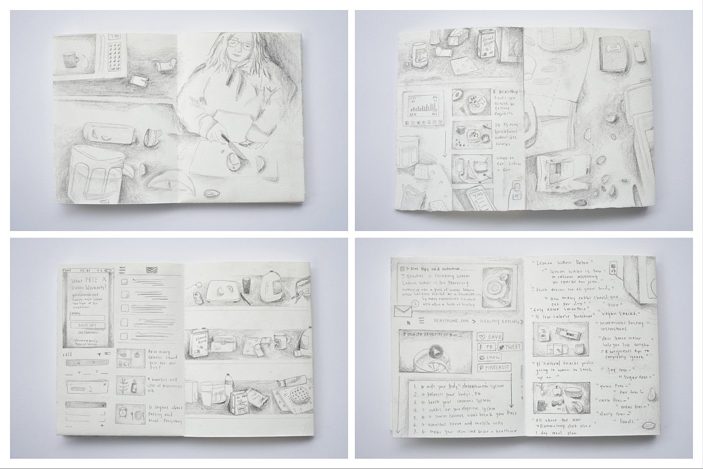 Lemon Water Detox, Excerpts from 16 page accordion book drawn with graphite on Rives lightweight cream paper, 4 x 6, assembled 128, 2020