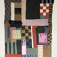 Sewing Collage 1, old pants, block printed fabric, recycled tablecloth and bed linens, canvas, 54.5 x 66.5, 2020