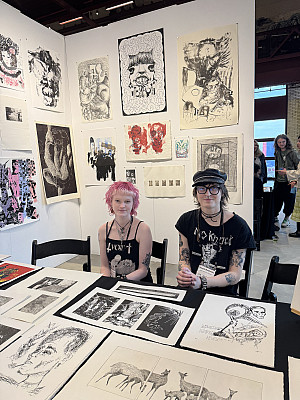 Juniors Rachael Potashnik and Skunk McClosky represent Purchase Printmaking at the Brooklyn Fine Art Print Fair.