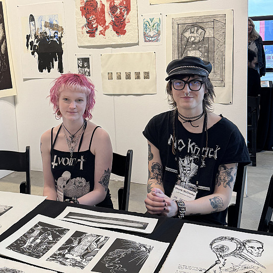 Juniors Rachael Potashnik and Skunk McClosky represent Purchase Printmaking at the Brooklyn Fine Art Print Fair.